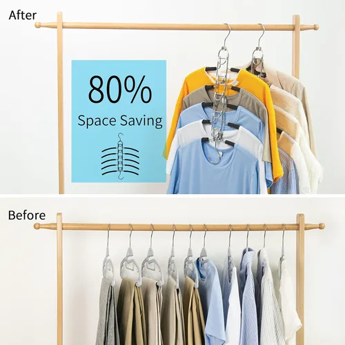 Vista 3 de Nature Smile Paquete de 4 perchas antideslizantes 5 en 1, perchas de metal mágicas que ahorran espacio, perchero de ropa de armario de varias capas
