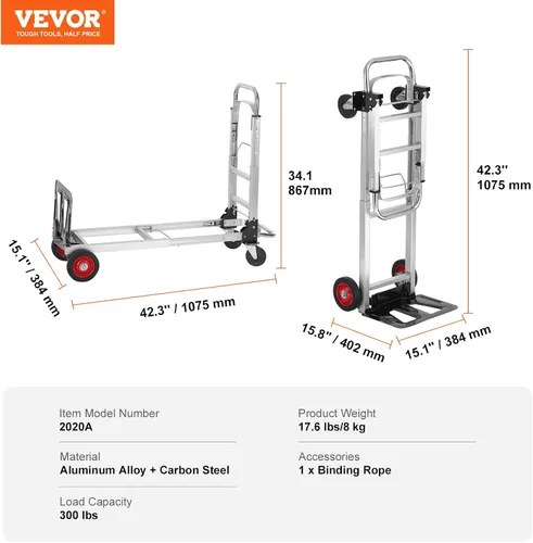 Vista 8 de VEVOR Camión de mano plegable de aluminio, diseño 2 en 1 con capacidad