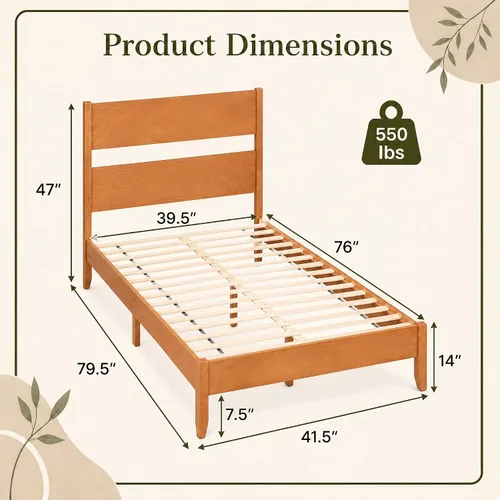 Vista 2 de KOMFOTT Twin Size Rubber Wood Bed Frame with Tall Headboard, Caramel Brown
