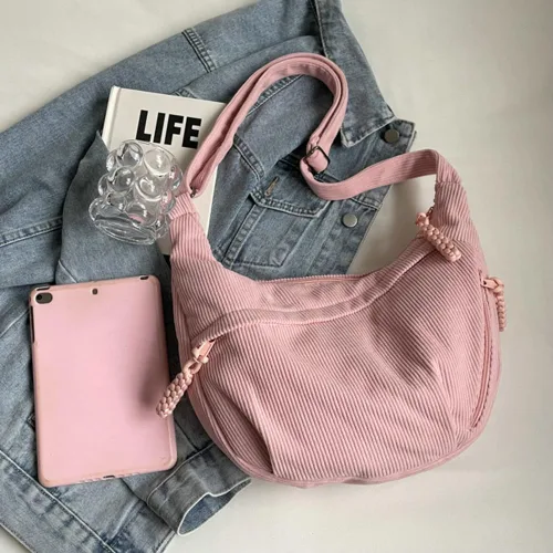 Vista 5 de Bolso Hobo para mujeres y hombres, bolso de hombro de media luna, bolso cruzado de lona de nailon retro, bolso cruzado de pana holgado