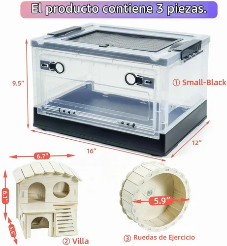 Vista 5 de Jaula para hámsters, grande, plegable, portátil, con visión de 360°, con ventilación, con villas, ruedas de ejercicio, para hámsters, ratas, Negro