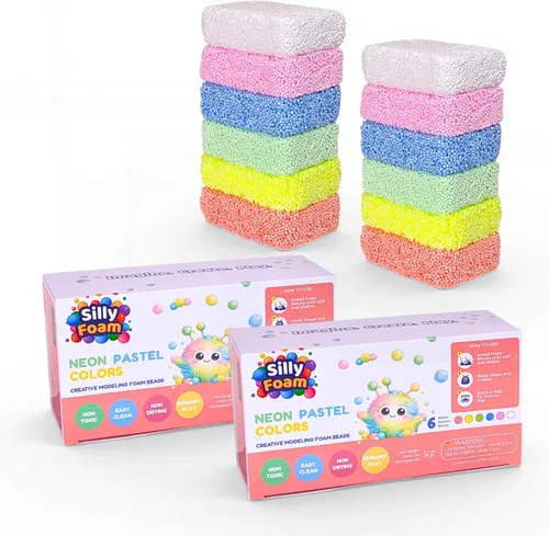 Vista 12 de Espuma Tonta, Cuentas de Espuma de Modelado Creativo, Paquete de 2 de 6 Primarios + 6 Bloques Pastel Neón, Sin Slime Sin Desorden, Perfecto