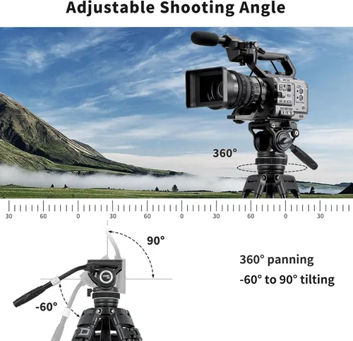Vista 2 de Cayer Cabezal fluido de video K10 Pro con base plana de 2.953 in, arrastre panorámico ajustable y mango telescópico, cabezal fluido de trípode