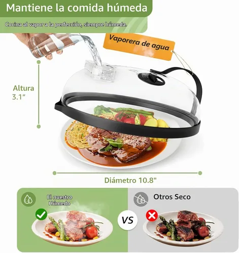 Vista 3 de Cubierta contra salpicaduras de microondas con vaporizador de agua para alimentos, protector de salpicaduras de microondas de vapor de 10 pulgadas