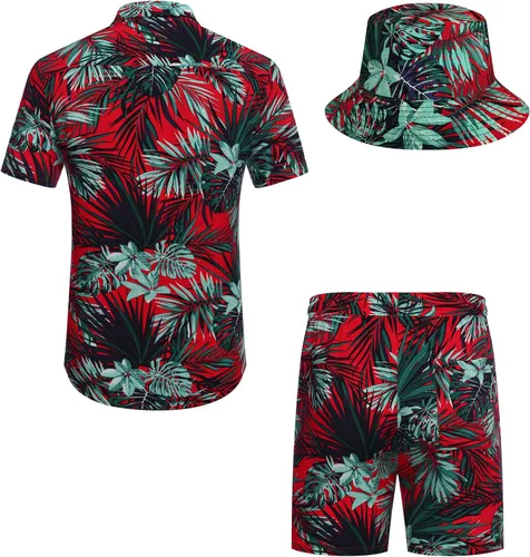 Vista 5 de COOFANDY Conjunto de camisa hawaiana y pantalones cortos para hombre, traje de playa de 2 piezas con sombreros de pescador
