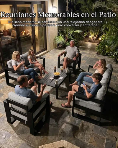 Vista 2 de LayinSun - Juego de muebles de patio de aluminio para exteriores de 4 piezas, sofá de conversación moderno de metal con mesa de café y cojines Negro