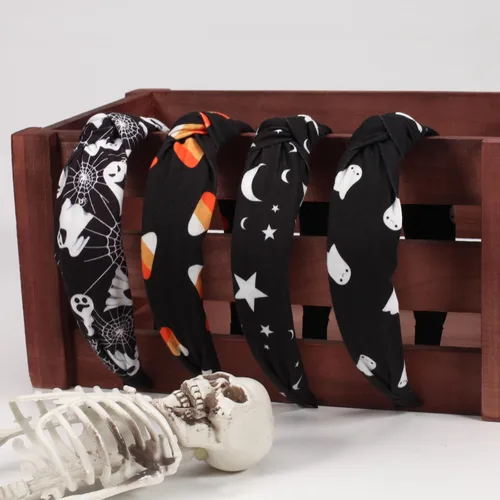 Vista 6 de Ardorchid Diademas de Halloween para mujeres y niñas, esqueleto fantasma, calabaza, telaraña, estrella negra, luna, bandas para el pelo