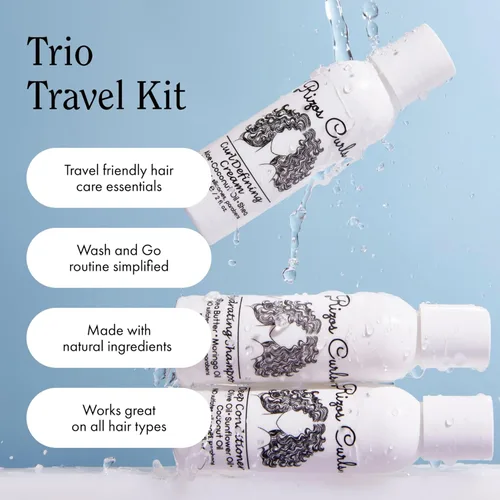 Vista 5 de Rizos Curls Trio Travel Kit de Rizos, incluye champú hidratante de viaje, acondicionador profundo de viaje, crema de rizos de viaje, limpia