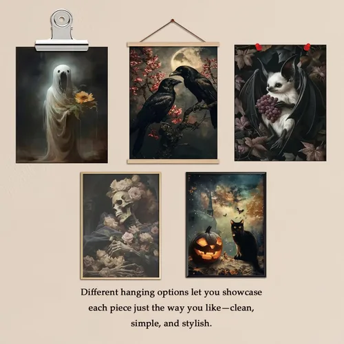 Vista 3 de ARKZSHO Juego de 9 impresiones en lienzo para pared de Halloween, pintura oscura de academia, pintura estética gótica espeluznante para galería