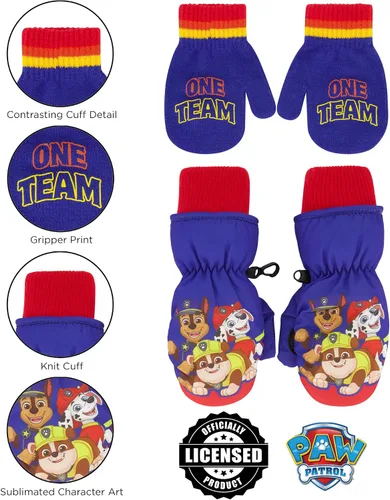 Vista 5 de Nickelodeon Paw Patrol - Gorro de invierno para niños pequeños con guantes de punto y guantes de esquí aislados, para niños de 2 a 4 años, Paw Patrol