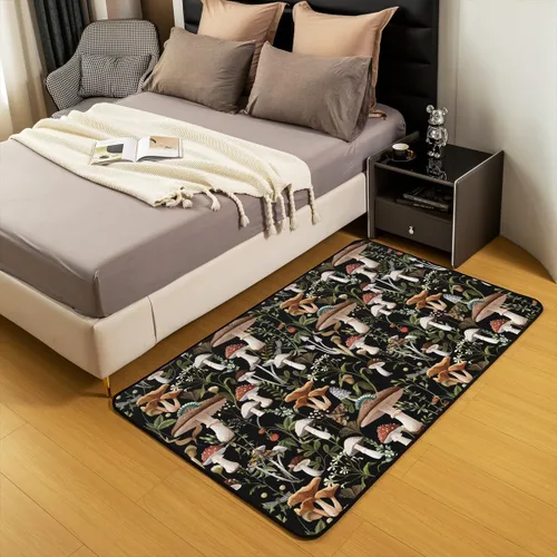 Vista 6 de Alfombra de hongos de 4 x 5, alfombra rústica de plantas de hongos salvajes coloridos, alfombra de suelo de madera de acera estilo granja, alfombra