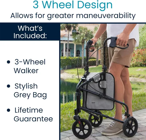 Vista 2 de Vive Mobility Andador de 3 ruedas - Andador de tres ruedas para personas mayores - Ligero, plegable, estrecho, resistente - para hombres y mujeres