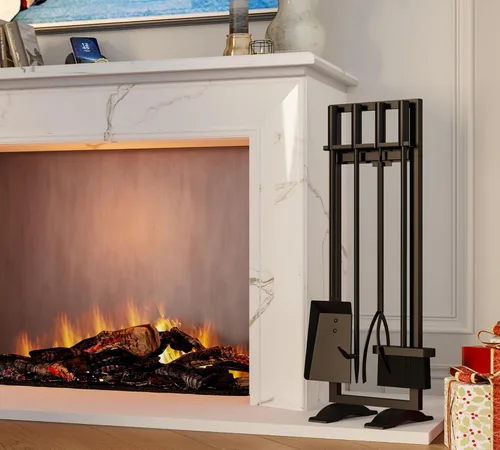 Vista 2 de Fire Beauty Juego de herramientas para chimenea, 5 piezas, accesorios para fuego, soporte para estufas de leña, mango de hierro forjado, soporte