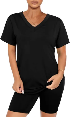 Vista 3 de WIHOLL - Conjunto de dos piezas para mujer, atuendo de manga corta con cuello en V y pantalones cortos