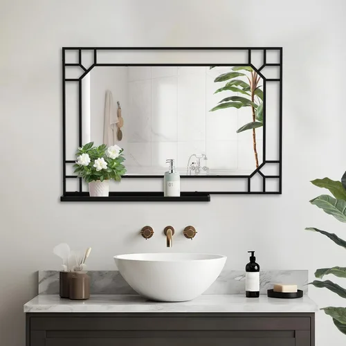 Vista 16 de Espejo de baño con estante, espejo de pared rectangular negro, marco de metal, colgante horizontal o vertical (24 x 20 pulgadas)