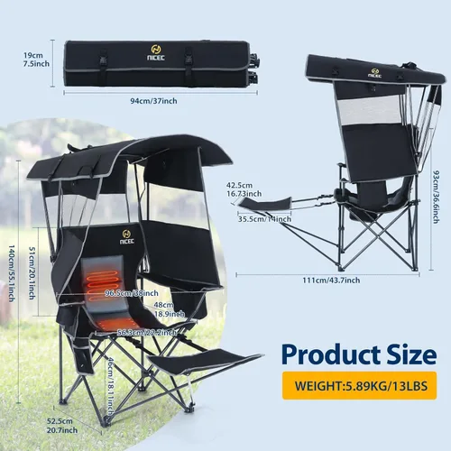 Vista 3 de Nice C Silla con toldo, silla de camping climatizada con batería, sillas de deportes al aire libre con sombra, sillas paraguas plegables con Paquete