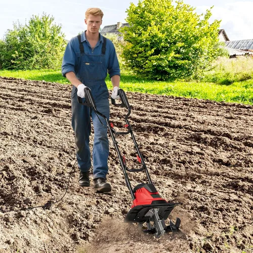 Vista 8 de Goplus Cultivador eléctrico con cable, 10 amperios potente rotiler plegable de jardín con ancho de labranza de 14 pulgadas y profundidad de trabajo
