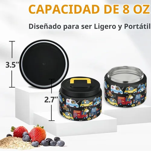 Vista 2 de PIQUEBAR - Termo infantil de 8 onzas para alimentos calientes, pequeño recipiente térmico de acero inoxidable, termo de boca ancha fácil de abrir