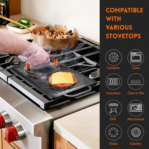 Vista 6 de GGC Parrilla reversible de hierro fundido, sartén de doble cara perfecta para parrillas de gas y estufas, 13 x 8.25 pulgadas rectangular