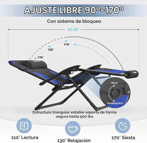 Vista 4 de UDPATIO Silla de gravedad cero de gran tamaño, reclinable acolchado completo para exteriores, asiento reclinable ajustable plegable para patio
