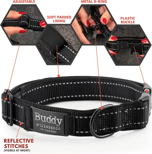 Vista 6 de ACTUALIZADO - Collares de perro personalizados y placa de identificación grabada, collar de perro de nailon reflectante, personalizable en 11