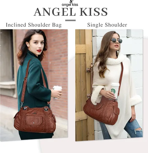 Vista 7 de Angelkiss - Bolsos y bolsos de mano para mujer, de cuero vegano lavado, bolso cruzado estilo hobo