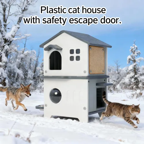Vista 4 de Casa aislada para gatos al aire libre resistente a la intemperie para gatos múltiples felinos, refugio elevado de plástico de 2 pisos con puerta