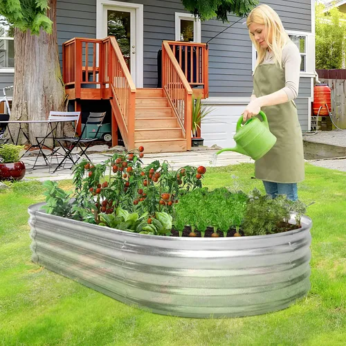 Vista 8 de HKLGorg Cama de jardín elevada galvanizada, caja de metal galvanizado de 6 x 3 x 1 pies, macetero ovalado grande elevado para flores, verduras