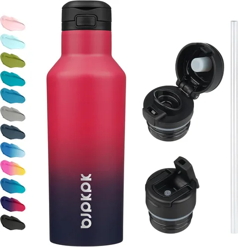 Vista 8 de BJPKPK Botella de agua aislada con pajilla, botellas de agua de acero inoxidable de 17 onzas con 2 tapas y asa de transporte, botella térmica