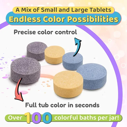 Vista 2 de Color MyBath - Tabletas de color de baño para niños, tarro de 300 unidades, cambio de color, no tóxico, no mancha, sin fragancia, mezcla tu propio