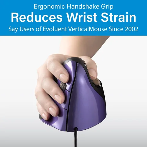 Vista 2 de Evoluent – Inventor del ratón vertical – VM4S Ratón vertical ergonómico mano derecha Pequeño USB con cable, esculpido para mayor comodidad, reduce