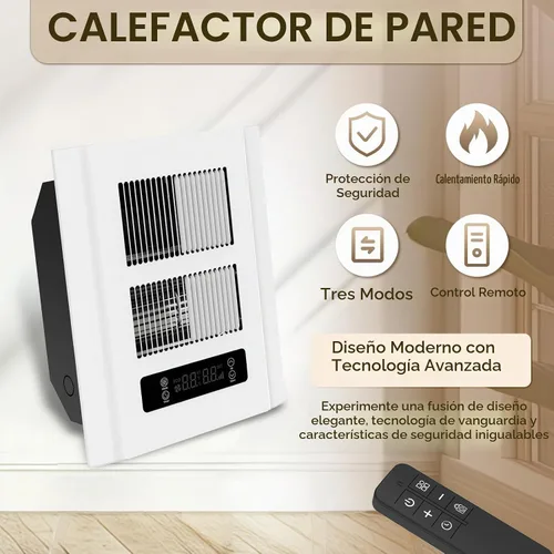 Vista 2 de Calentador de pared eléctrico de 240 V con 3 modos, 1500/750 W Marfil