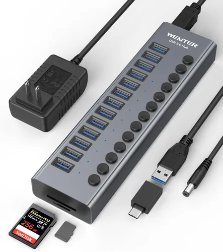 Vista 8 de Hub USB 3.0 alimentado, Wenter 10 puertos 36 W alimentado USB Hub, divisor USB de aluminio con interruptores individuales de encendido/apagado