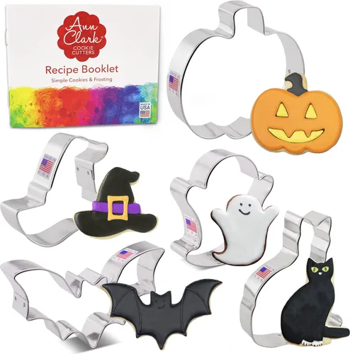 Vista 10 de Juego de 5 cortadores de galletas de Halloween y decoración hechos en Estados Unidos por Ann Clark, calabaza, fantasma, murciélago, naranja y gel