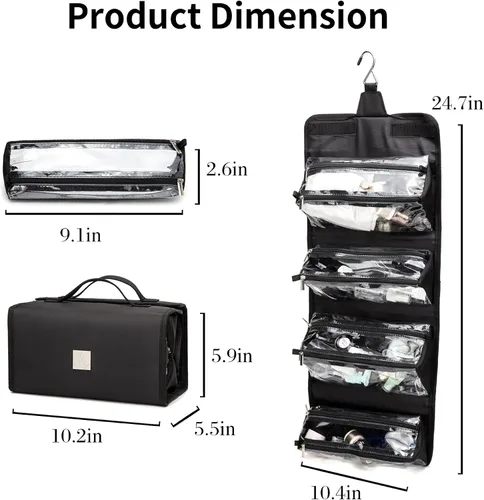 Vista 6 de ROYALFAIR Bolsa de maquillaje enrollable, bolsa de aseo de viaje para mujer con 4 bolsas transparentes aprobadas por la TSA, organizador de viaje