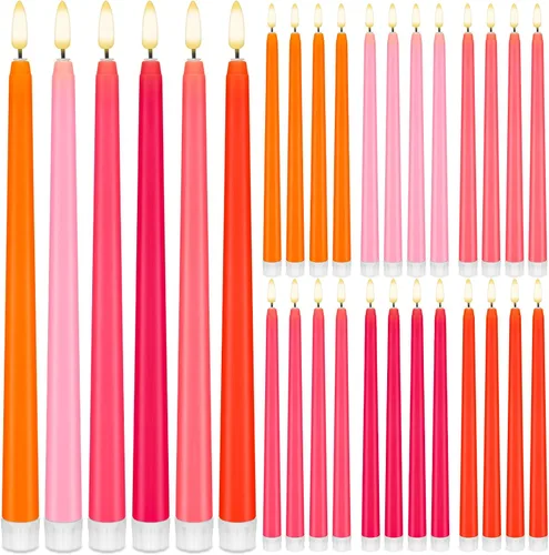 Vista 19 de Baquler 24 velas cónicas sin llama de 11 pulgadas, color rosa y verde, funciona con pilas, velas LED coloridas y parpadeantes de plástico dorado