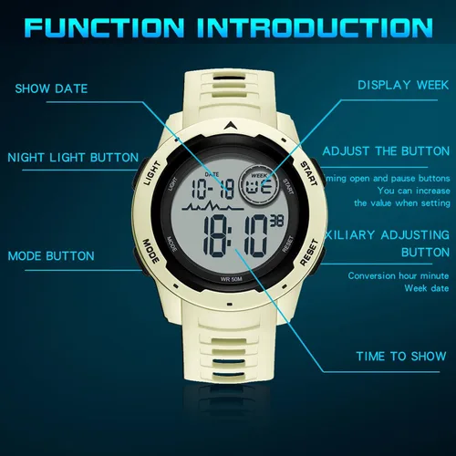Vista 6 de Reloj deportivo digital rojo para hombre, reloj para hombre, táctico, militar, 5ATM, resistente al agua, para hombre, con luz LED, alarma, fecha