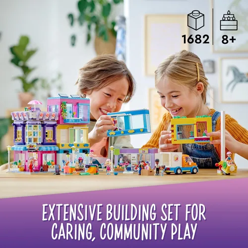 Vista 2 de LEGO Friends Main Street Building, Heartlake City Café & Hair Salon 41704, mini casa de muñecas con tiendas de juguetes, juego de construcción