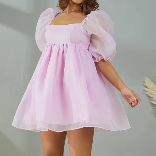 Vista 6 de Mini vestido de manga abombada para mujer, cuello cuadrado, manga de burbujas, tul babydoll de tul corto para fiesta de graduación