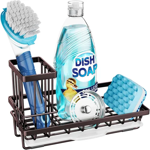 Vista 13 de Consumest Organizador para fregadero, soporte de esponja de cocina con soporte para cepillos de platos, organizador de cocina con bandeja de goteo