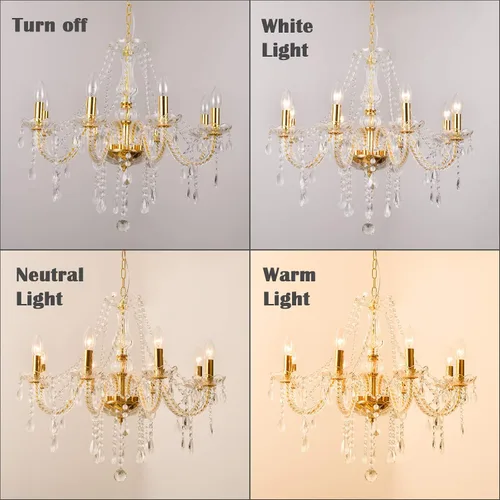 Vista 5 de Candelabro de cristal de lujo de color dorado, 8 luces K9, moderno candelabro de cristal para comedor, lámpara colgante de techo de vidrio para sala