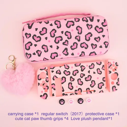 Vista 7 de DLseego Pink Love Leopard Carrying Case for Switch, Cute Silicone Protective Case Soft Cover with 4PCS Thumb Grip Caps and Pink Plush Heart Pendant