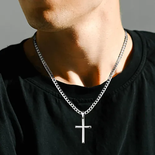 Vista 7 de Tungary Collar de cruz de plata de ley 925 para hombres y mujeres, cadena de eslabones cubanos de acero inoxidable de 0.197in para hombres, cadena