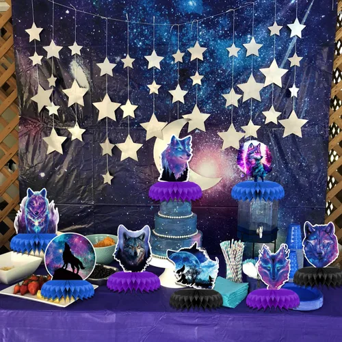 Vista 6 de 8 piezas de decoración de fiesta de cumpleaños de lobo galaxia, cielo estrellado con temática de panal de abeja, centros de mesa 3D de doble cara