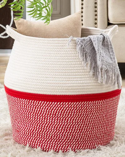Vista 9 de KAKAMAY Cestas tejidas para almacenamiento (17 x 17 pulgadas), cesta grande de lavandería para bebé tejida con cuerda de algodón, cesta de Flecos