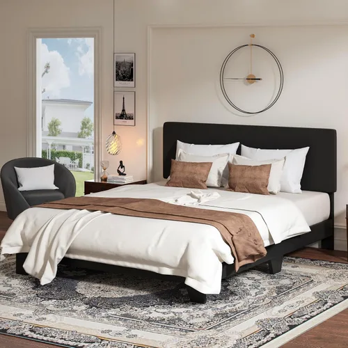 Vista 7 de WEEWAY Base de cama de plataforma tapizada completa con cabecero ajustable y listones de madera fuertes, base de colchón resistente, no necesita