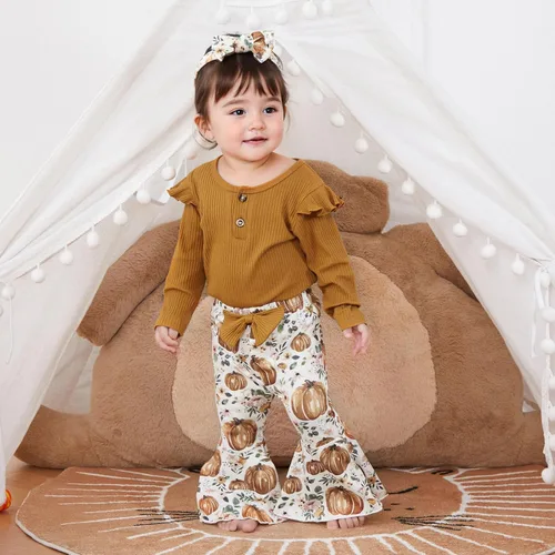 Vista 2 de Kuriozud Conjunto de Pantalones Acampanados para Bebé Recién Nacida Niña Mameluco con Volantes Lindo Lazo Pantalones Acampanados Diadema Ropa Linda