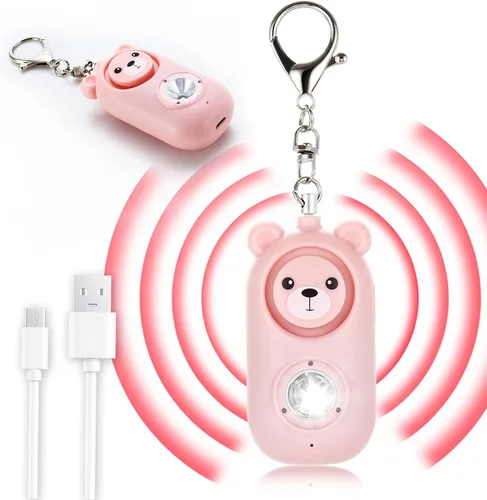 Vista 10 de Llavero de alarma de seguridad personal con luz LED, alerta de emergencia de 130 dB, diseño de oso recargable para mujeres, niños y niñas