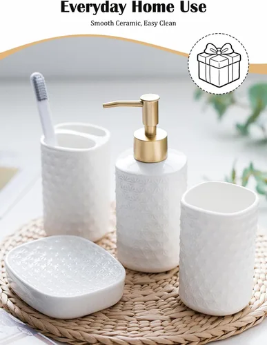 Vista 6 de Juego de accesorios de baño de cerámica, paquete de 4 conjuntos de baño para baño, incluye 1 dispensador de loción, 1 soporte para cepillo