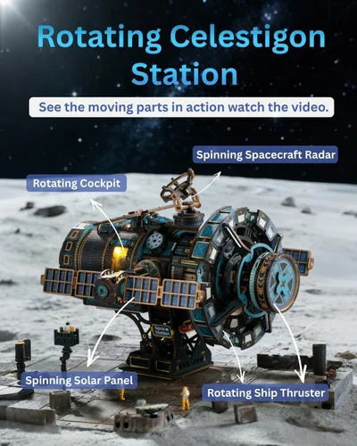 Vista 2 de Celestigon Station - Rompecabezas de madera 3D motorizados para adultos – Juego de construcción de estación espacial interestelar montada